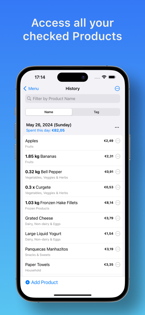 Groceries Tracker app - Groceries Tracker app purchase history screen showing a list of items with their quantities and prices