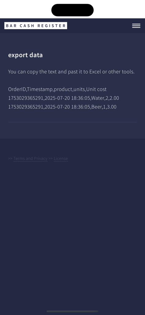 Bar Cash Register PRO - Screenshot of the data export screen in Bar Cash Register PRO showing CSV sales records for water and beer.