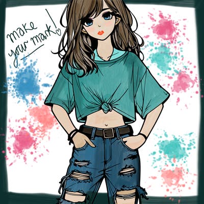 a girl with ripped jeans a t-shirt realistic