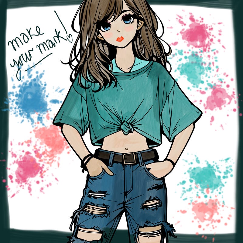a girl with ripped jeans a t-shirt realistic