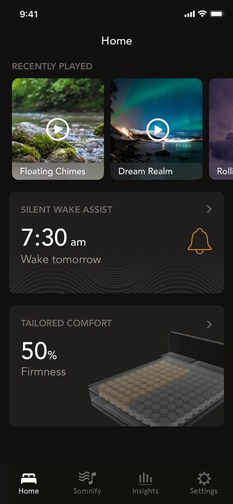 Bryte Balance - Bryte Balance app home screen displaying sleep soundscapes, silent wake assist alarm at 7:30 am, and 50% tailored mattress firmness setting.