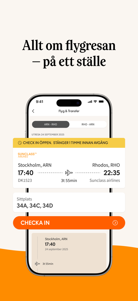 Écran de smartphone de l'application Ving affichant les détails du vol Stockholm-Rhodes et un bouton d'enregistrement
