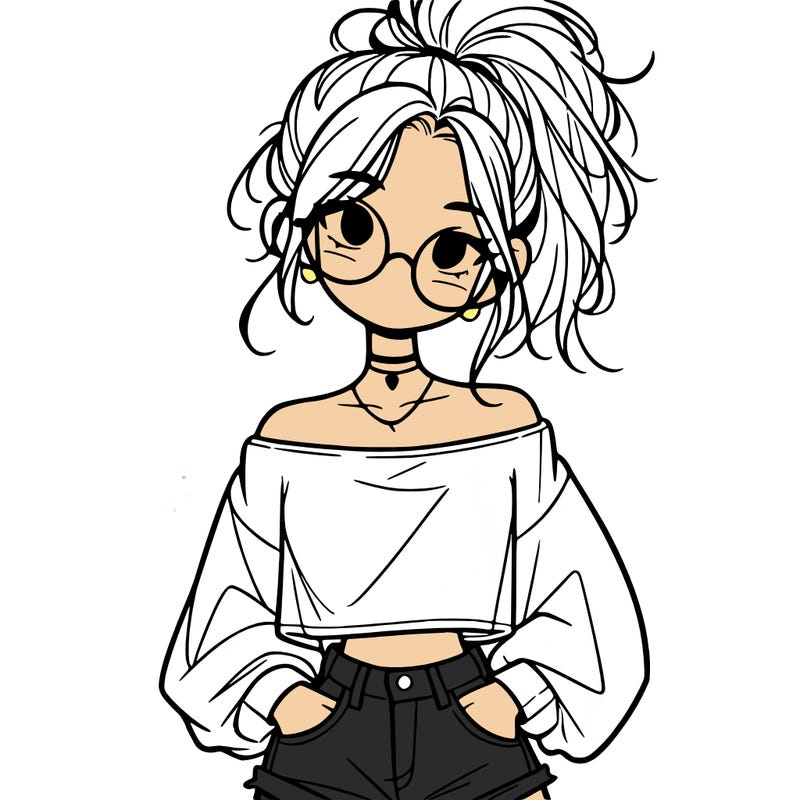 girl with a messy ponytail glasses a baggy crop top and jean shorts