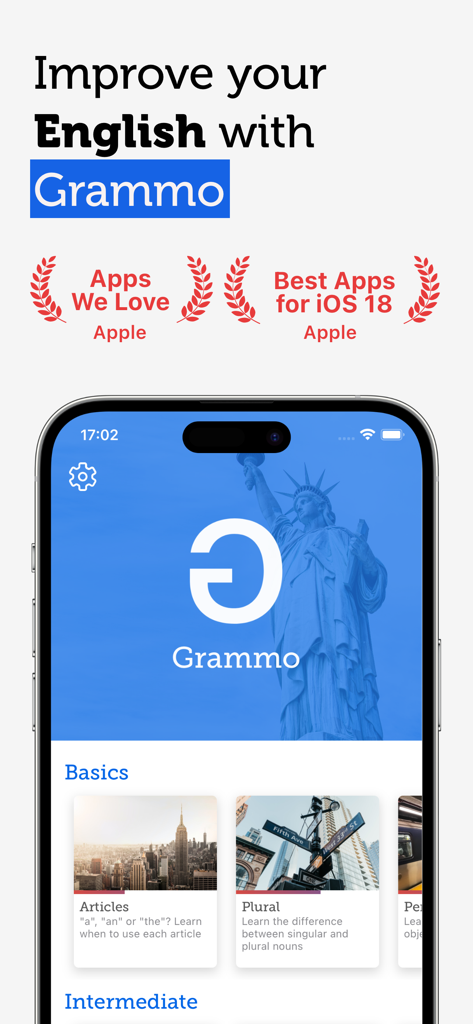 Grammo - Learn English Grammar - Home screen of Grammo app showing English grammar lessons for basics and intermediate levels with Apple featured badges