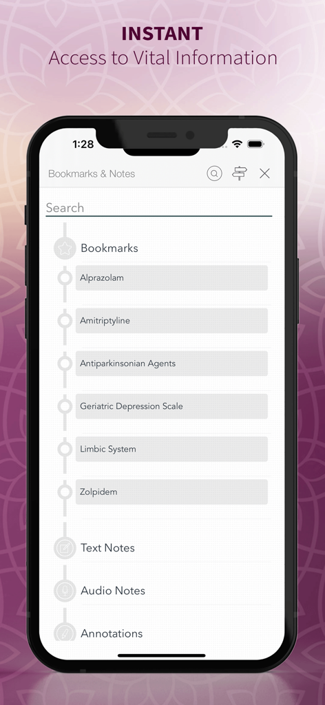 PsychNotes: Clinical Pkt Guide - PsychNotes app Bookmarks and Notes screen listing medical drugs and clinical scales