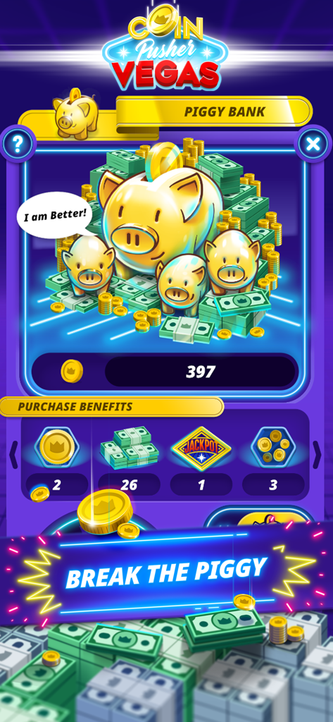 Coin Pusher Vegas Maniaモバイルゲームのゴールデンピギーバンク機能。現金束と購入特典が表示されています