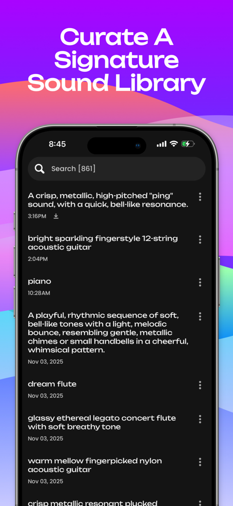 SynthGPT app screen displaying a list of custom AI generated sounds and instrument presets in a curated library.