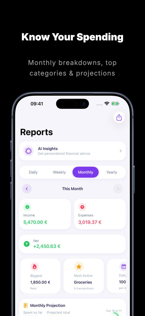 Expense Tracker Genius - Panel de informes financieros mensuales en la aplicación Expense Tracker Genius que muestra el resumen de ingresos y gastos