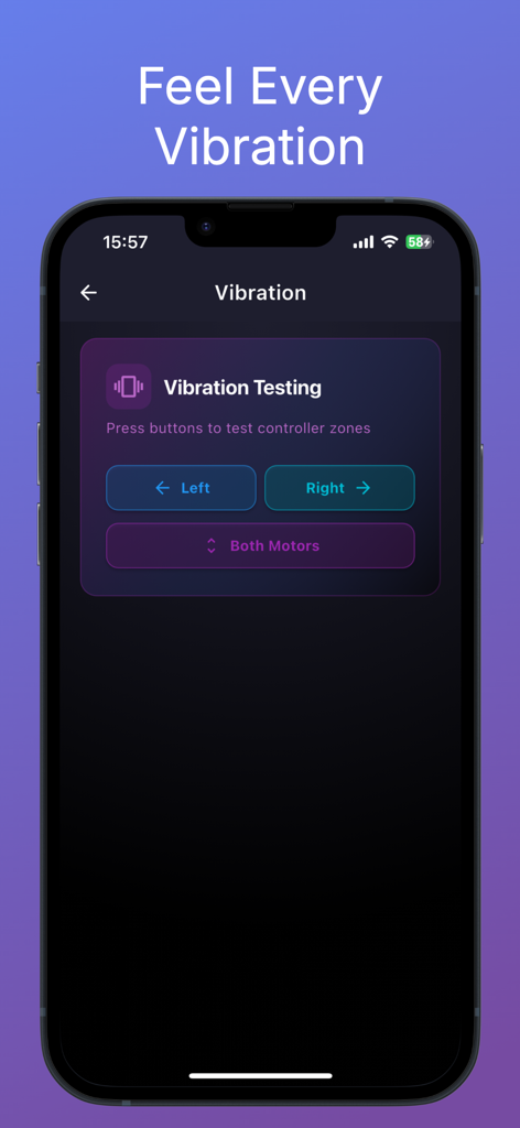 SensePad: Gamepad Tester - SensePad app screen showing vibration motor testing options for left, right, and both motors for a game controller.