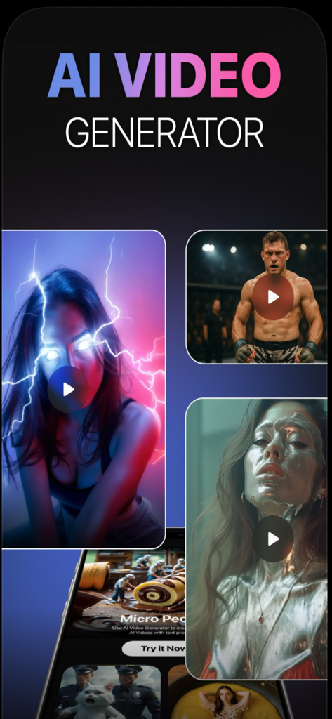 Vivideo.ai: AI Video Generator - AI video generator app interface showing cinematic video samples like lightning effects and metallic skin