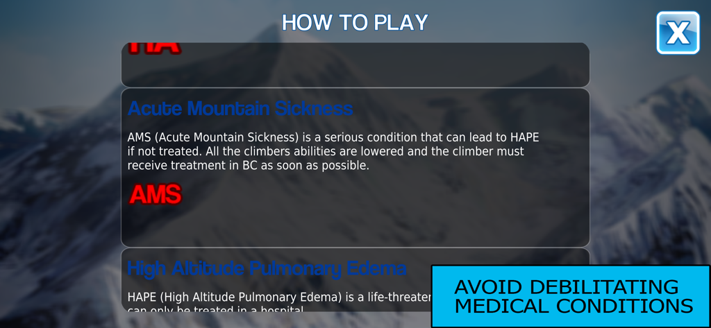 K2 Story - A How To Play screen from the K2 Story game explaining medical conditions like Acute Mountain Sickness and HAPE