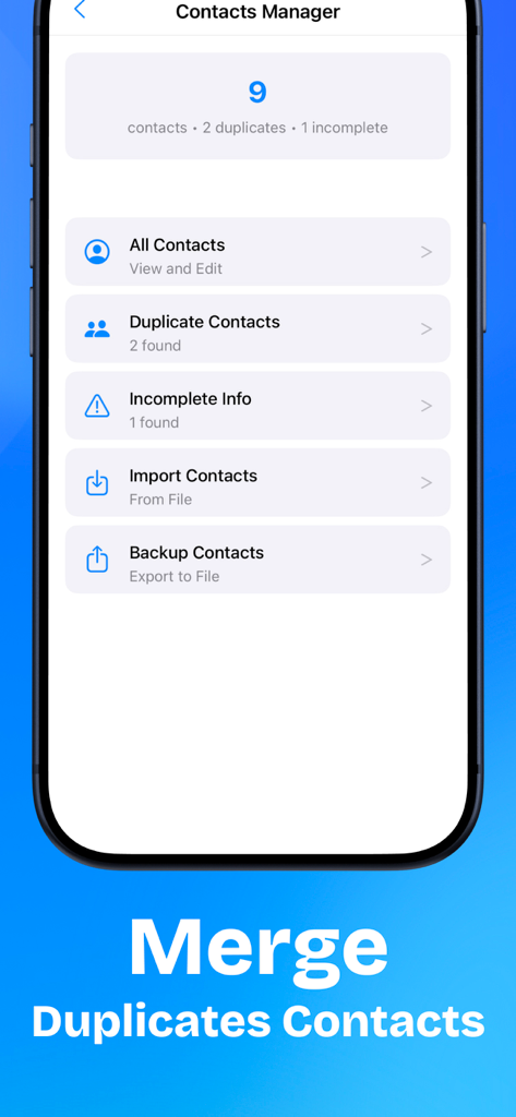 WaveGuard: Sound Clean - Interface of the WaveGuard app showing the contact manager screen with options to merge duplicates and manage incomplete contact info