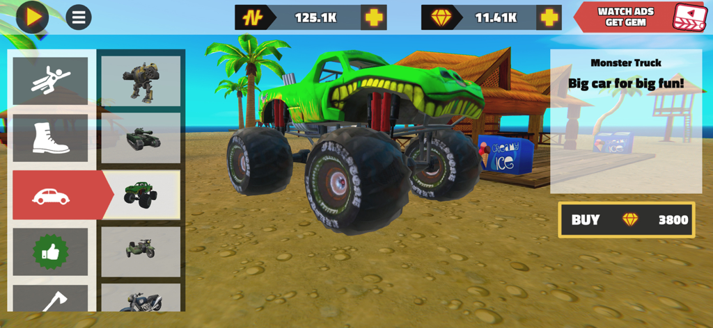 Stick Hero Simulator - In-game vehicle shop menu in Stick Hero Simulator featuring a green monster truck with a creature design available for purchase.
