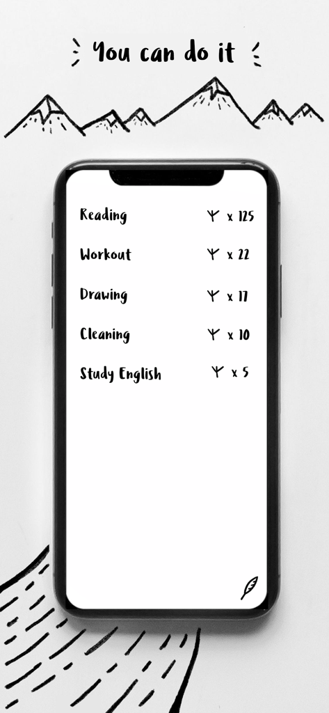 Bear Good Habits - Tracker - Hand-drawn style habit tracker screen showing a list of daily goals with bird footprint stamps