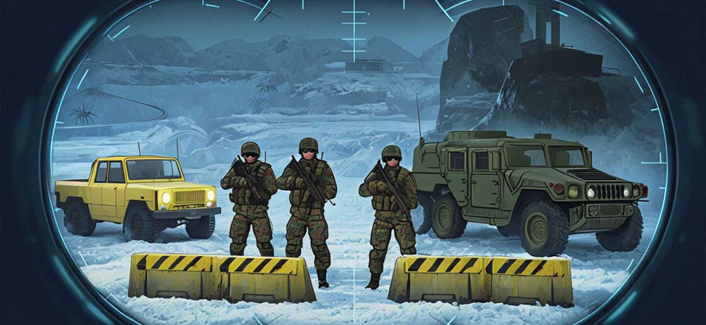 Secret Mountain Sniper Shooter - View through a sniper scope showing soldiers and military vehicles in a snowy mountain environment