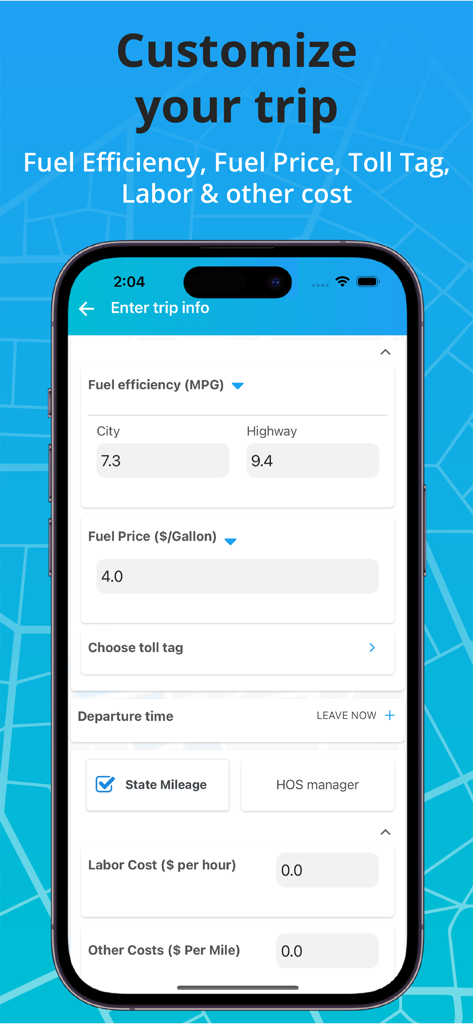 Toll & Gas Calculator TollGuru - Trip customization screen in TollGuru app showing fuel efficiency and labor cost settings