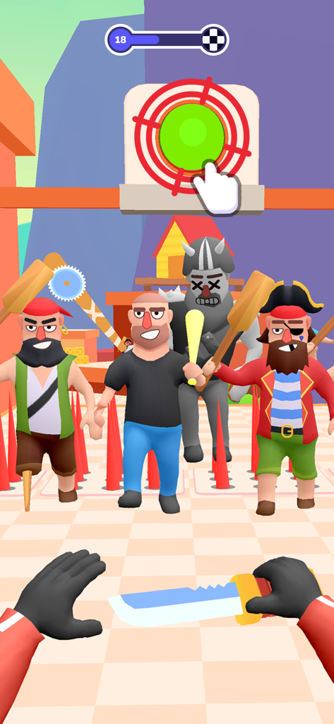 Vista en primera persona de un personaje jugador apuntando con un cuchillo a enemigos de dibujos animados en Hit Master 3D