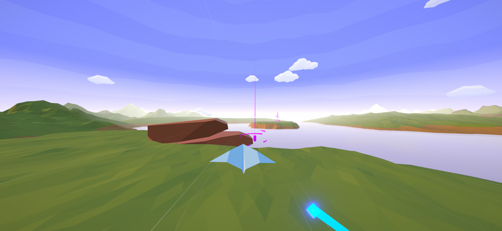 Un avión de papel azul volando sobre un paisaje verde de baja poligonización y agua en Paperly Paper Plane Adventure