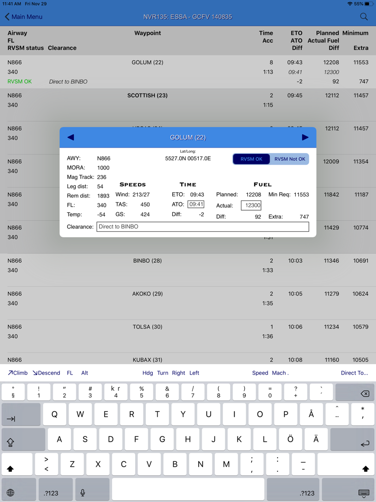 Flight Briefing - Informações detalhadas do ponto de passagem e entrada de dados de voo no aplicativo iPad Briefing de Voo