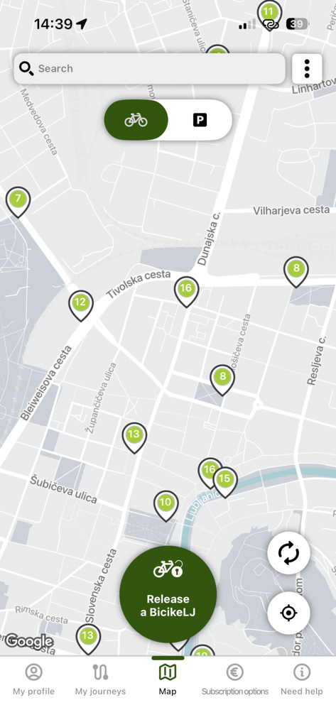 BicikeLJ app map showing available bike sharing stations in Ljubljana