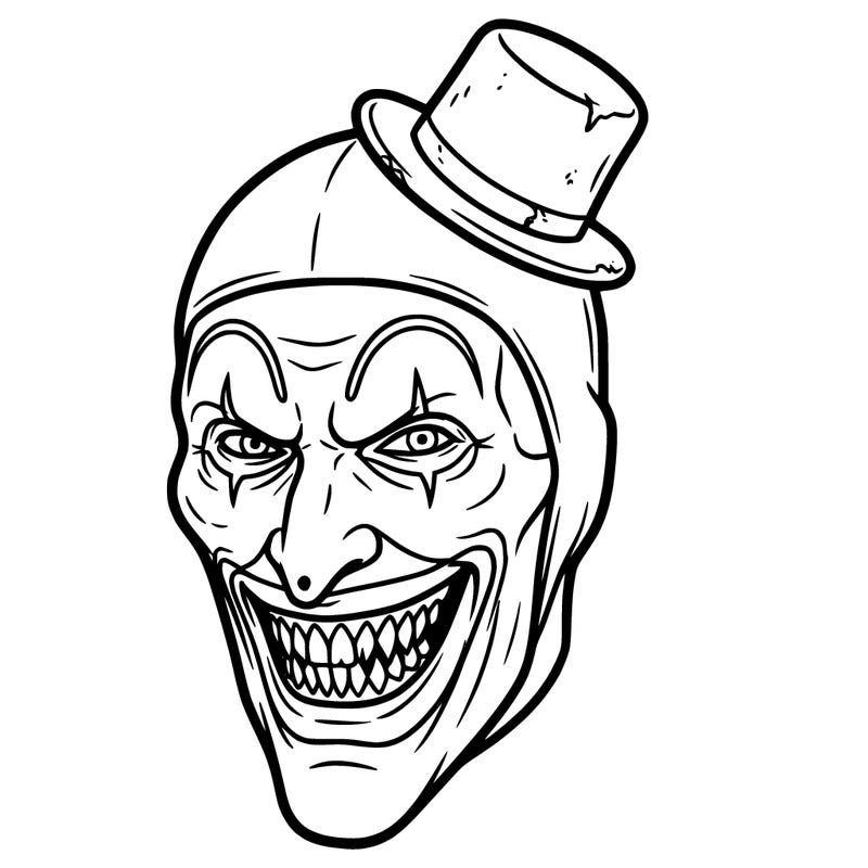 terrifier horror clown black and white lil black top hat and terrifying teeth and he's smiling