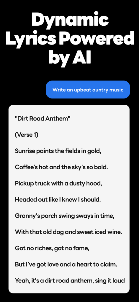 Dynamic Lyrics 2.0-Play in Car - A mobile interface of Dynamic Lyrics 2.0 showing AI-generated country music lyrics titled Dirt Road Anthem.