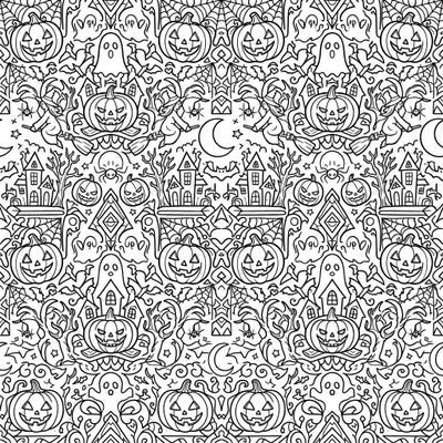 Dive into the spirit of Halloween with this delightfully spooky seamless pattern coloring page. Featuring an intricate array of jack-o'-lanterns, ghosts, and haunted houses, it offers endless creative possibilities.
