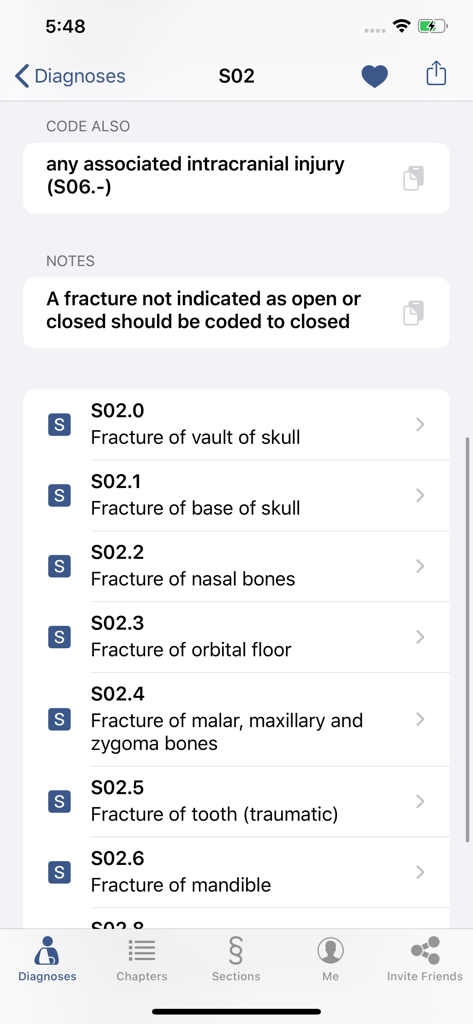Interface of the ICD-10 CM app showing a list of diagnosis codes for skull and facial fractures