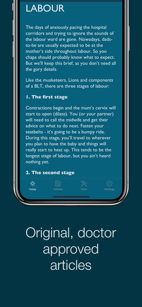 Big Daddy: Pregnancy Tracker - Screenshot of Big Daddy pregnancy app showing a doctor-approved article about the stages of labour for expectant fathers.