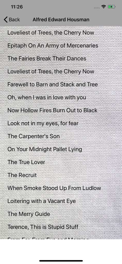 English Poems - Poets & Poetry - A list of English poem titles by Alfred Edward Housman shown on a mobile interface with a textured background