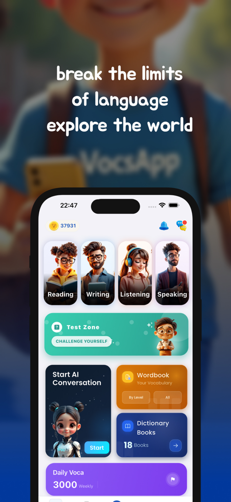 VocsApp - Interfaz principal de VocsApp que muestra categorías de habilidades de lectura, escritura, escucha y habla junto con funciones de conversación con IA