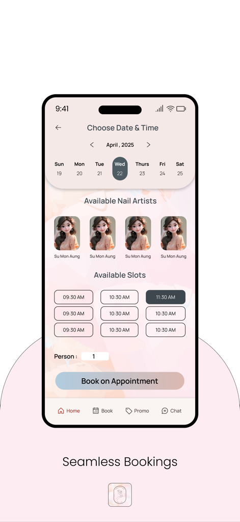 Barbie's Studio - Mobile app interface for choosing a date, time, and nail artist for an appointment.