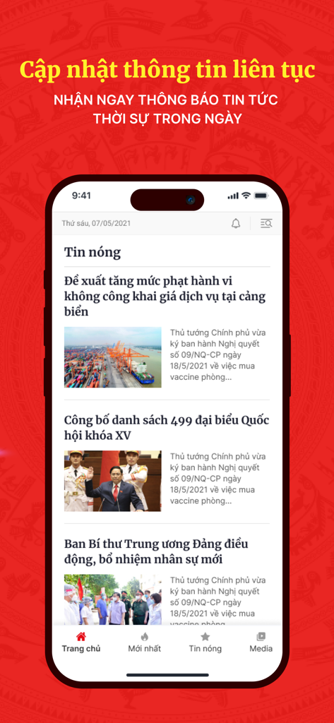 Báo ĐT Chính Phủ - Mobile app interface of Bao DT Chinh Phu showing a list of official Vietnamese government news articles.