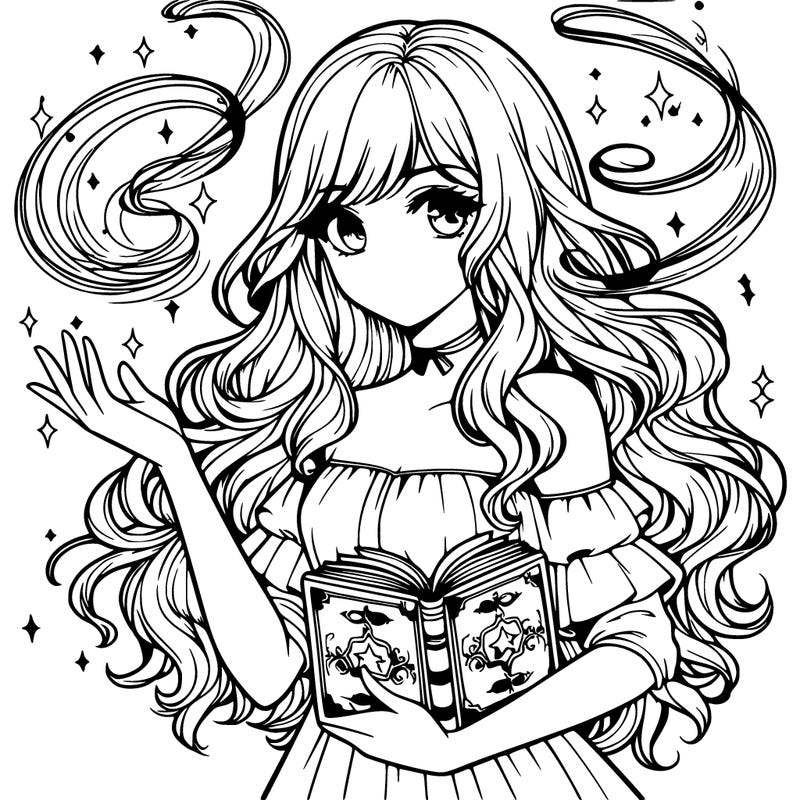 realistic girl with a spell book and magic swirling around her