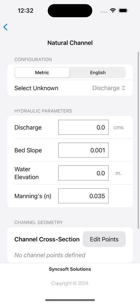 방류량, 바닥 경사 및 Manning 계수 필드가 있는 Open Channel Flow Pro 자연형 채널 수압 계산 화면