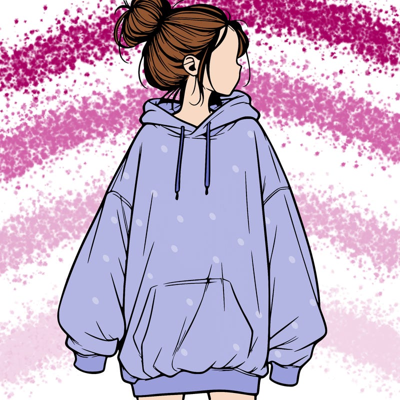 realistic girl with a oversized sweatshirt on and a bun
