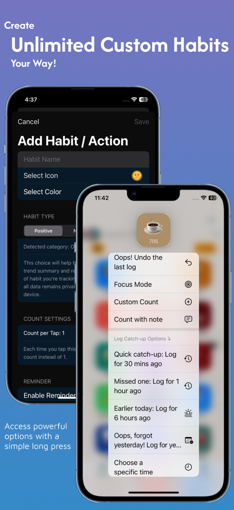 Habit Tracker Counter: CountIt - CountIt app interface for creating custom habits and using long press for quick logging options