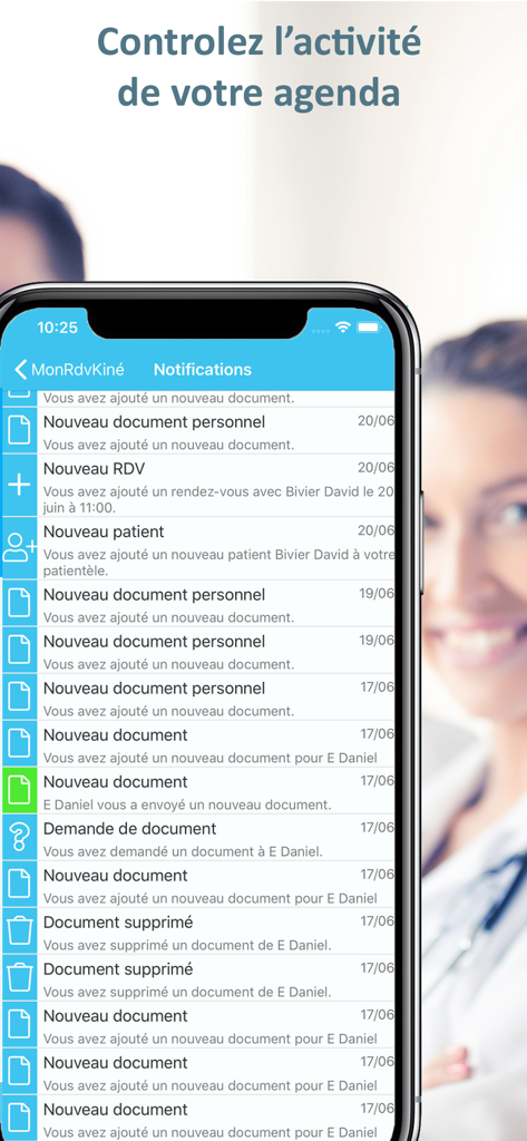 Mon Rdv Kiné - Praticien - Écran de notification de l'application Mon Rdv Kiné Praticien montrant les récentes mises à jour de l'agenda et des documents patients.