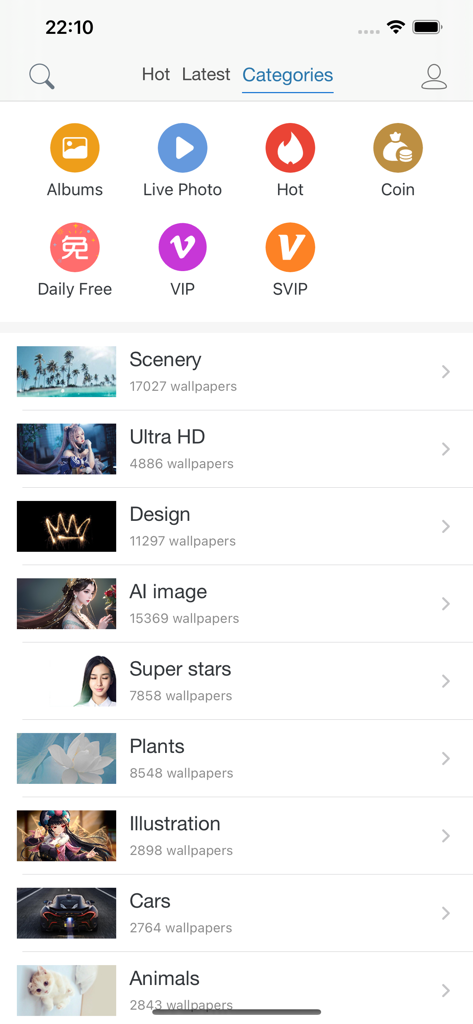 A list of diverse high definition wallpaper categories like Scenery Ultra HD and AI images in a mobile app interface.