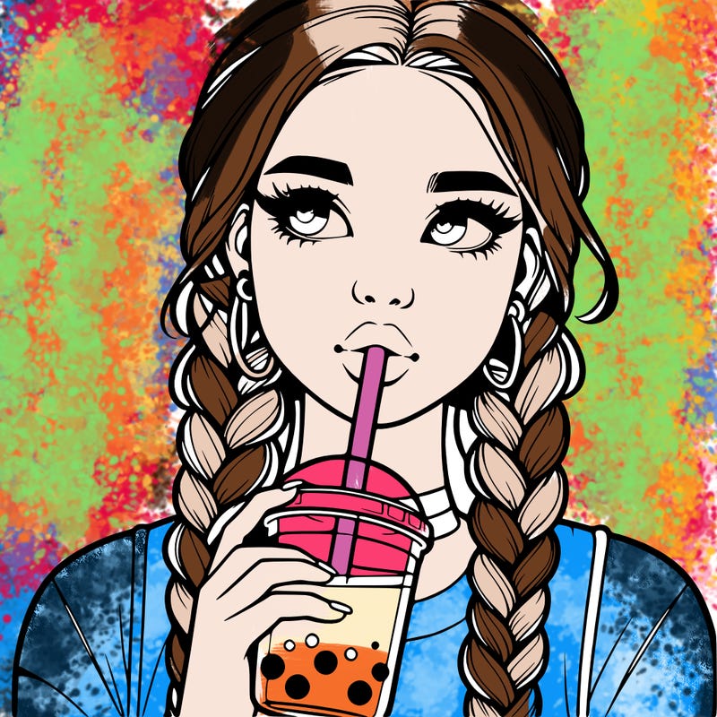 realistic girl with braided hair drinking boba