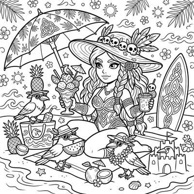 Unleash your creativity with this enchanting coloring page featuring The Morrígan enjoying a well-deserved summer vacation. Discover a unique blend of Celtic mythology and sunny beach fun, ready for your artistic touch.