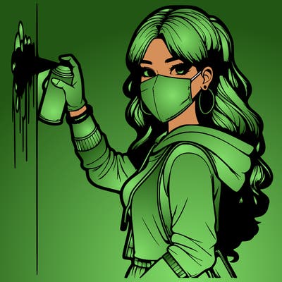 realistic girl with mask spray painting a wall