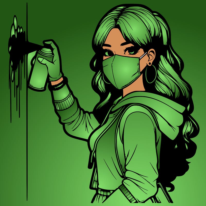 realistic girl with mask spray painting a wall