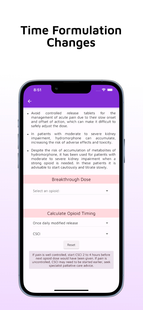 Captura de tela do aplicativo Calculadora de Conversão de Opioides mostrando opções de tempo e mudança de formulação para profissionais de medicina.