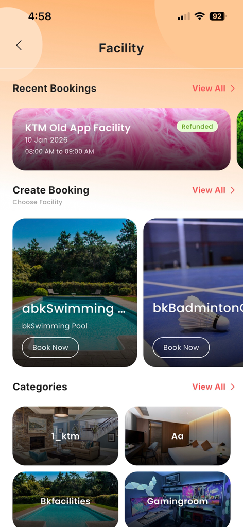 Facility booking page with options to reserve swimming pool and badminton court