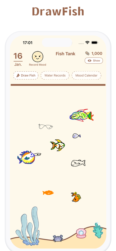 DrawFish – Cyber Fish Tank - Hauptbildschirm der DrawFish-App, der ein virtuelles Aquarium mit handgezeichneten Fischen und Schaltflächen zur Verfolgung von Gewohnheiten zeigt
