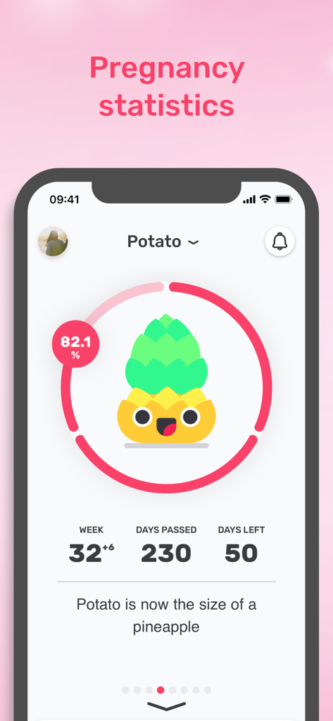 Preggers | Pregnancy tracker - Screenshot of Preggers pregnancy tracker app showing baby size comparison as a pineapple and pregnancy statistics at week thirty-two.
