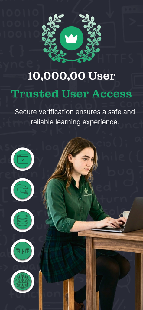 Pantalla de la aplicación W3School que muestra acceso de usuario confiable con una gran base de usuarios y un estudiante usando una laptop para lecciones de programación