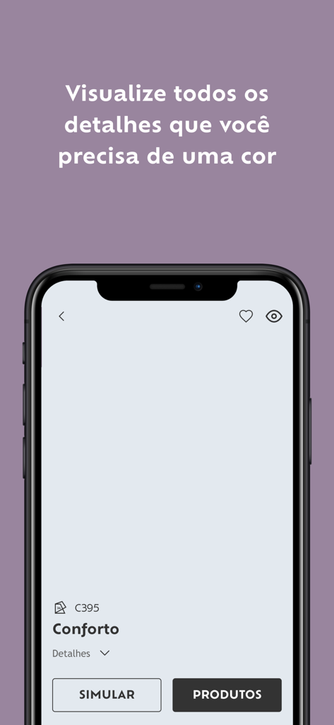 Suvinil Teste Sua Cor - Smartphone screen showing the Suvinil app interface for viewing paint color details and simulation options