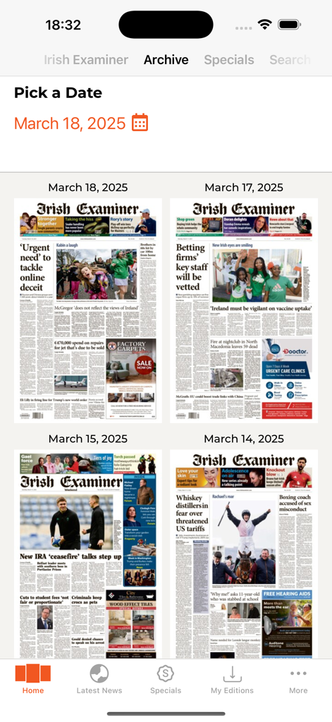 Irish Examiner ePaper - A digital archive screen of the Irish Examiner newspaper showing front page thumbnails from various dates in March 2025.